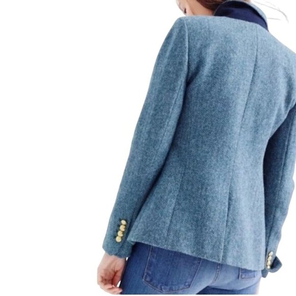 J.Crew Campbell Blue Herringbone Tweed Moon Wool Blazer Gold Button Size 0p - Picture 4 of 12